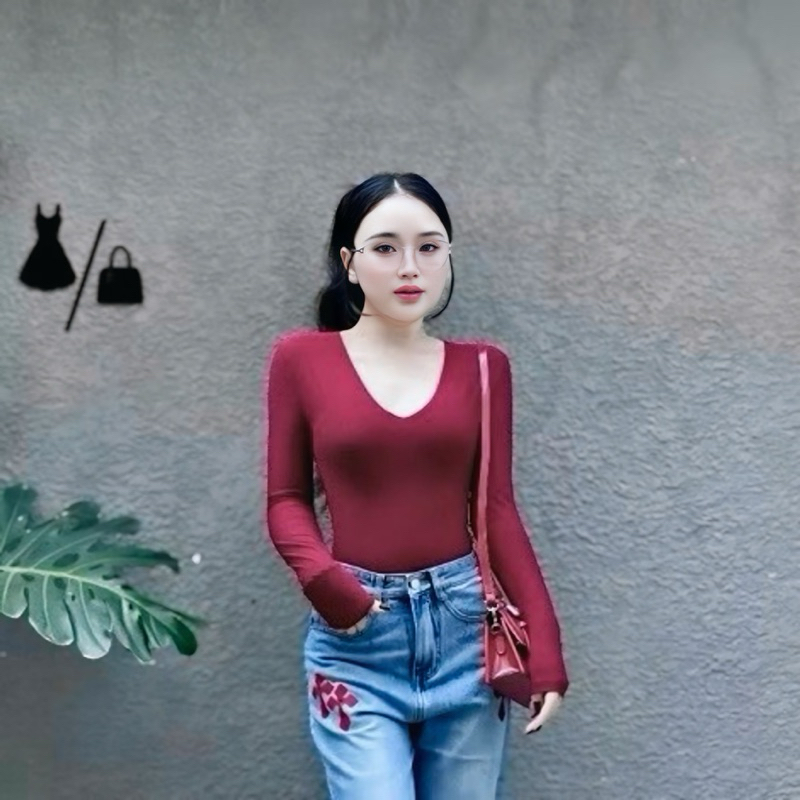 Áo Tay Dài Cổ Tim chất cotton ôm body tôn dáng - Áo thun nữ đẹp cổ V | BigBuy360 - bigbuy360.vn