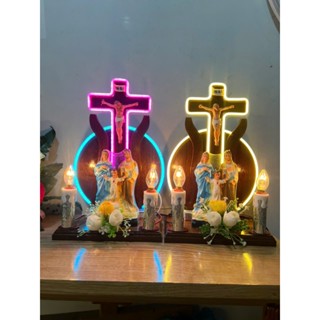  Bộ bàn thờ công giáo tròn mini 30cm gắn tượng Gia đình Thánh Gia 17cm để bàn hoặc tủ 