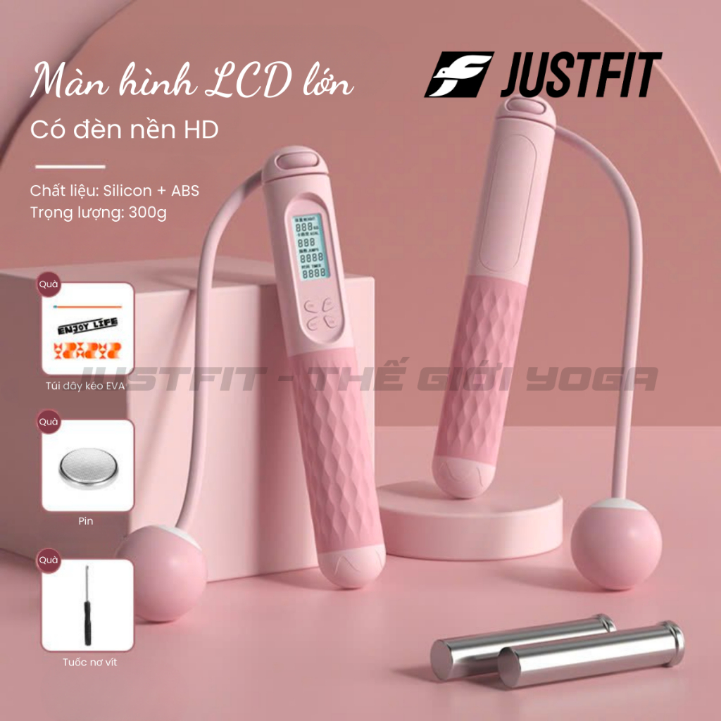 Dây nhảy ĐẾM SỐ JUSTFIT [Nâng cấp 6 điểm] không dây giảm cân, bóng to, có calo, đếm vòng, có tạ tập yoga, gym, thể dục