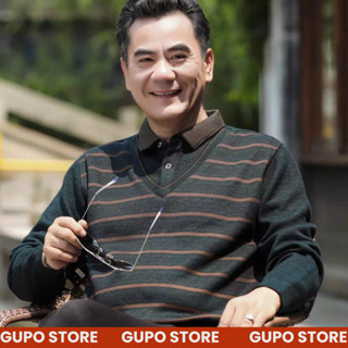 Áo Len Trung Niên Nam GUPO Lót Nỉ Nhung Mềm Mịn Ấm Áp Phối Cổ Sơ Mi Lịch Lãm, Áo Len Tặng Bố Hàng Quảng Châu
