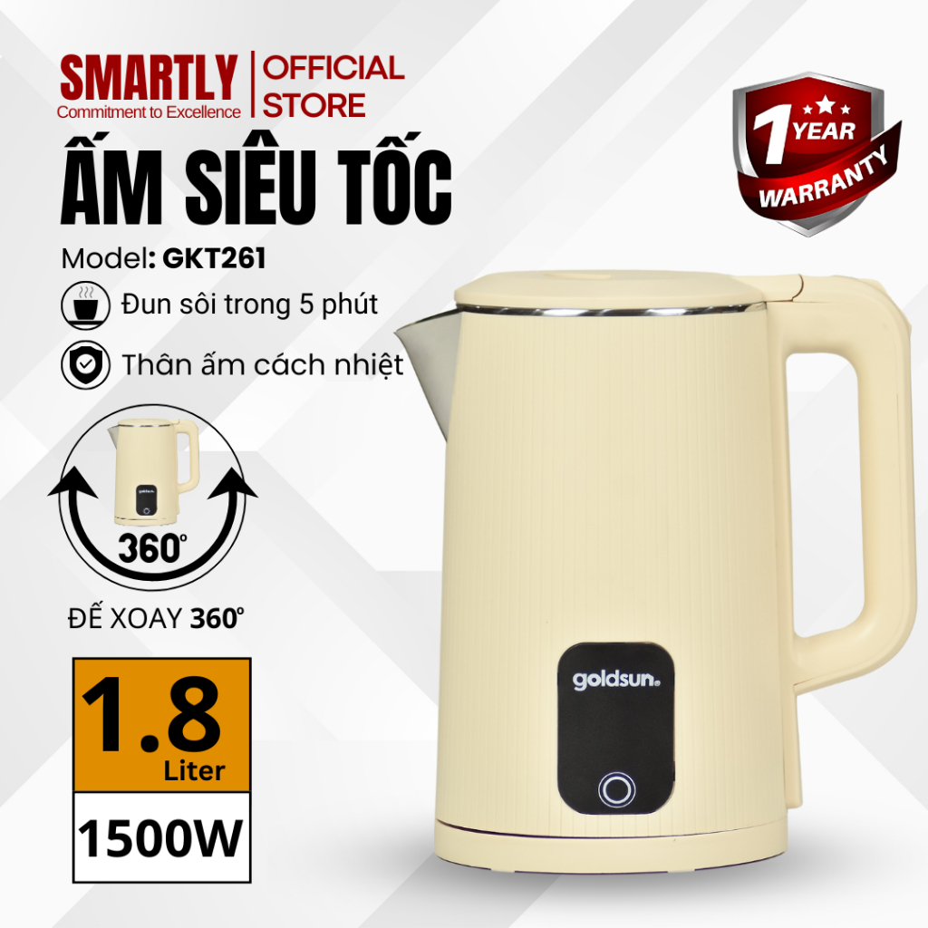 Ấm siêu tốc Goldsun GKT2611 dung tích 1.8L công suất lớn 1500W đun sôi nhanh tiết kiệm điện