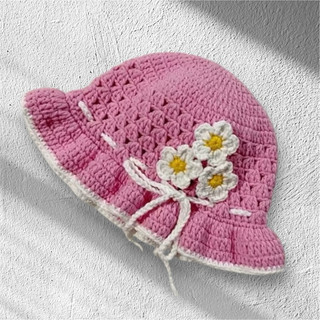 Nón len bé gái. Nón len bèo 3 hoa handmade