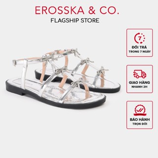  Erosska - Giày sandal nữ mùa hè đế bằng mũi hở phối nơ phong cách năng động màu bạc cao 1cm - EM142 