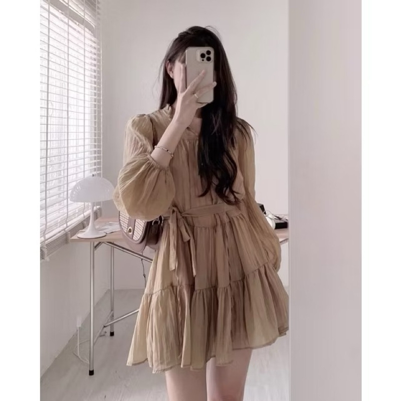 Váy babydoll Dài Tay Tơ 4 Màu Có Đai Siêu Nữ tính ( Có bigsize) | BigBuy360 - bigbuy360.vn