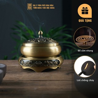 Lư đồng xông trầm, đỉnh đốt trầm hương bằng đồng nguyên khối - Kèm lót chống cháy, chân đế đôn