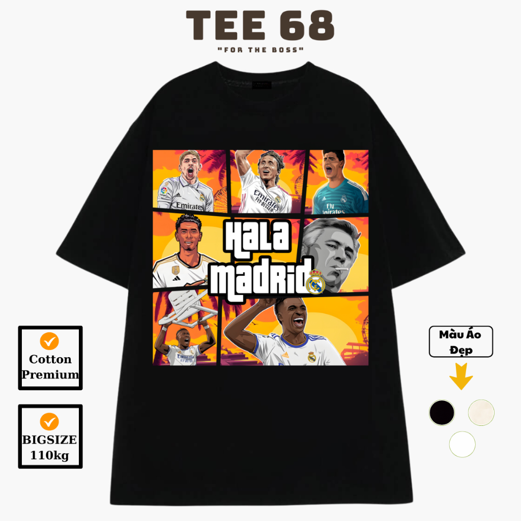 Áo thun bóng đá in hình Real Madrid Hala Local Brand Tee 68 Cotton 100% Oversize Nam Nữ