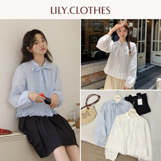 Lily.clothes- Áo sơ mi cổ nơ tay bồng bo chun phối viền xếp li dáng ngắn (A01)
