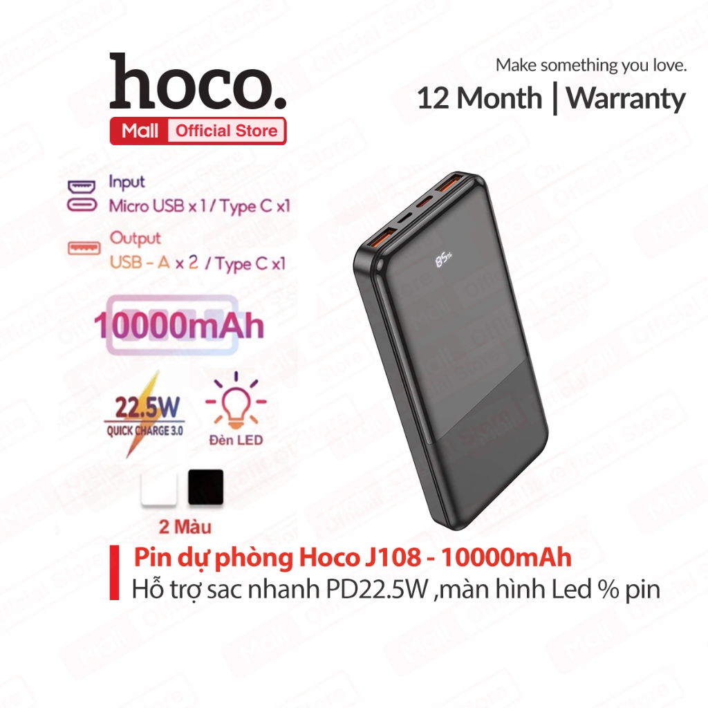 Pin Dự Phòng Hoco J108 10000mAh, Sạc Nhanh PD22.5W , Dung Lượng Lớn, Nhỏ Gọn Tiện Lợi, màn hình LED 