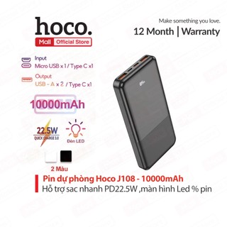  Pin Dự Phòng Hoco J108 10000mAh Sạc Nhanh PD22.5W  Dung Lượng Lớn Nhỏ Gọn Tiện Lợi màn hình LED hiển thị 