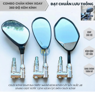  COMBO KÍNH CHIẾU HẬU SPARK AB KÍNH GIỌT NƯỚC Kèm Chân Xoay 360 10L Tặng kèm lục giác và Ốc Nối  dùng được các dòng xe 