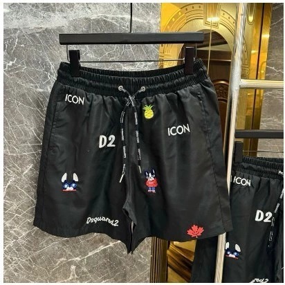 Quần short gió nam D.s.q.2 đen thêu hình sticker chó dứa lá chữ I.c.o.n cạp chun dây thắt lót lưới