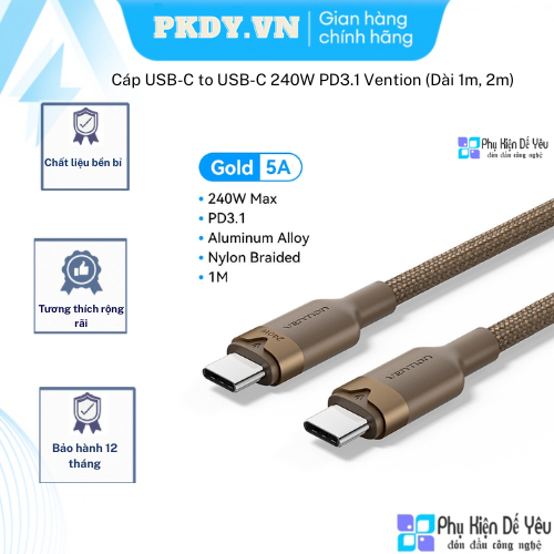 Cáp USB-C to USB-C 240W PD3.1 Vention (Dài 1m, 2m) [Chính hãng, bảo hành 1 năm]