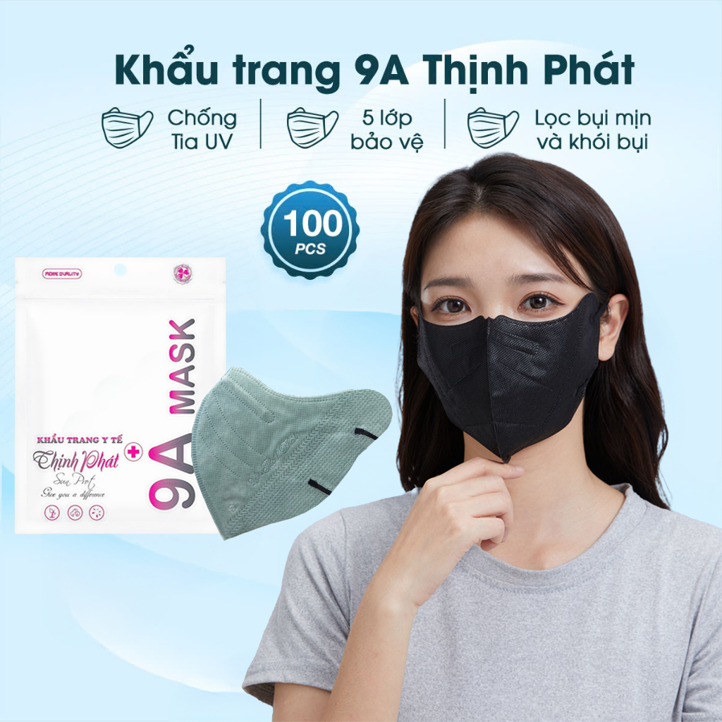 Combo 100 chiếc khẩu trang 9A Thịnh Phát Màu Xanh Mịn , Khẩu trang 9A Mask Màu Xanh Mịn cao cấp