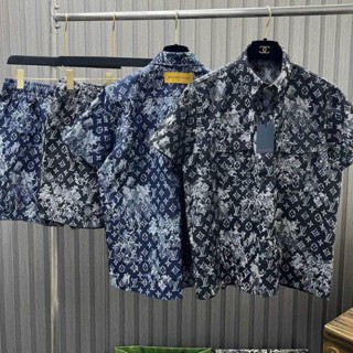 Bộ Cộc Sơ Mi Nam In Vân Chìm LV, Set Đồ Somi Unisex Tay Lỡ Form Rộng Nam Nữ LV Local Brand