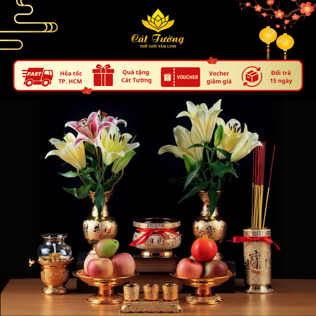 Bộ Thờ Cúng Kim Sa Gồm Lư Hương,Bình Hoa,Đĩa Trái Cây,Chum Nước Chất Liệu Gốm Sứ Kim Sa Vàng Cao Cấp - Đồ Thờ Cát Tường