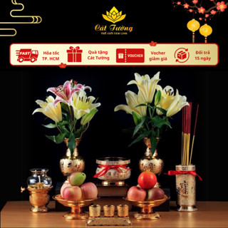 Bộ Thờ Cúng Kim Sa Gồm Lư Hương,Bình Hoa,Đĩa Trái Cây,Chum Nước Chất Liệu Gốm Sứ Kim Sa Vàng Cao Cấp - Đồ Thờ Cát Tường
