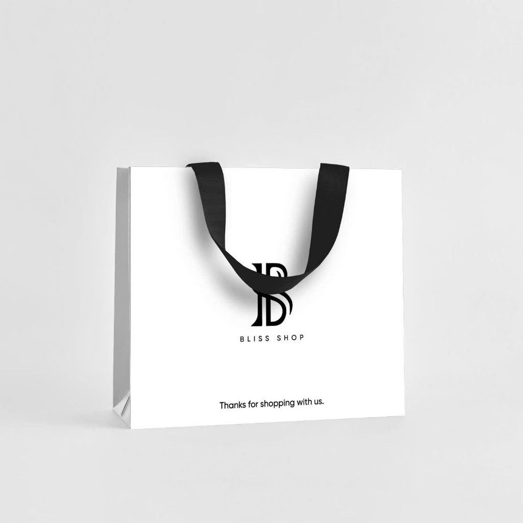 Túi quà tặng Bliss Shop màu trắng, quai đen, đơn giản sang trọng [Size 30x25cm - 36x31cm]