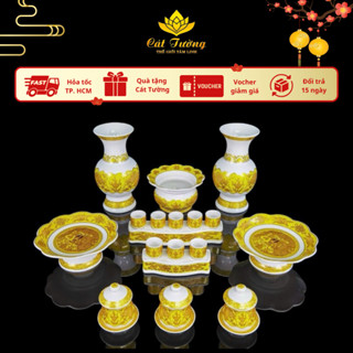  Bộ Thờ Cúng  MS 2070  Hoạ Tiết Rồng Vàng Gốm Sứ Tráng Men Lư Hương Bình Hoa,Đĩa Trái Cây,Khay Nước - Đồ Thờ Cát Tường 