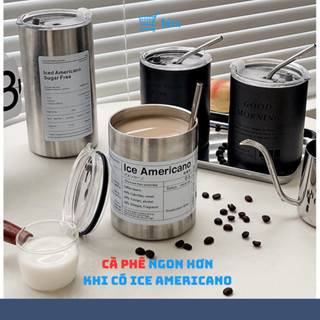 Ly uống cà phê, ly giữ nhiệt Ice Americano có nắp giữ nhiệt lâu không toát mồ hôi [Tặng kèm ống hút]