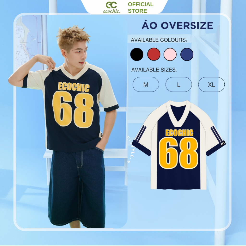 Áo Phông ECOCHIC NUMBER 68 Cổ Tim Chính Hãng Unisex Thể Thao Form Rộng Oversize Cotton 100% Cao Cấp 