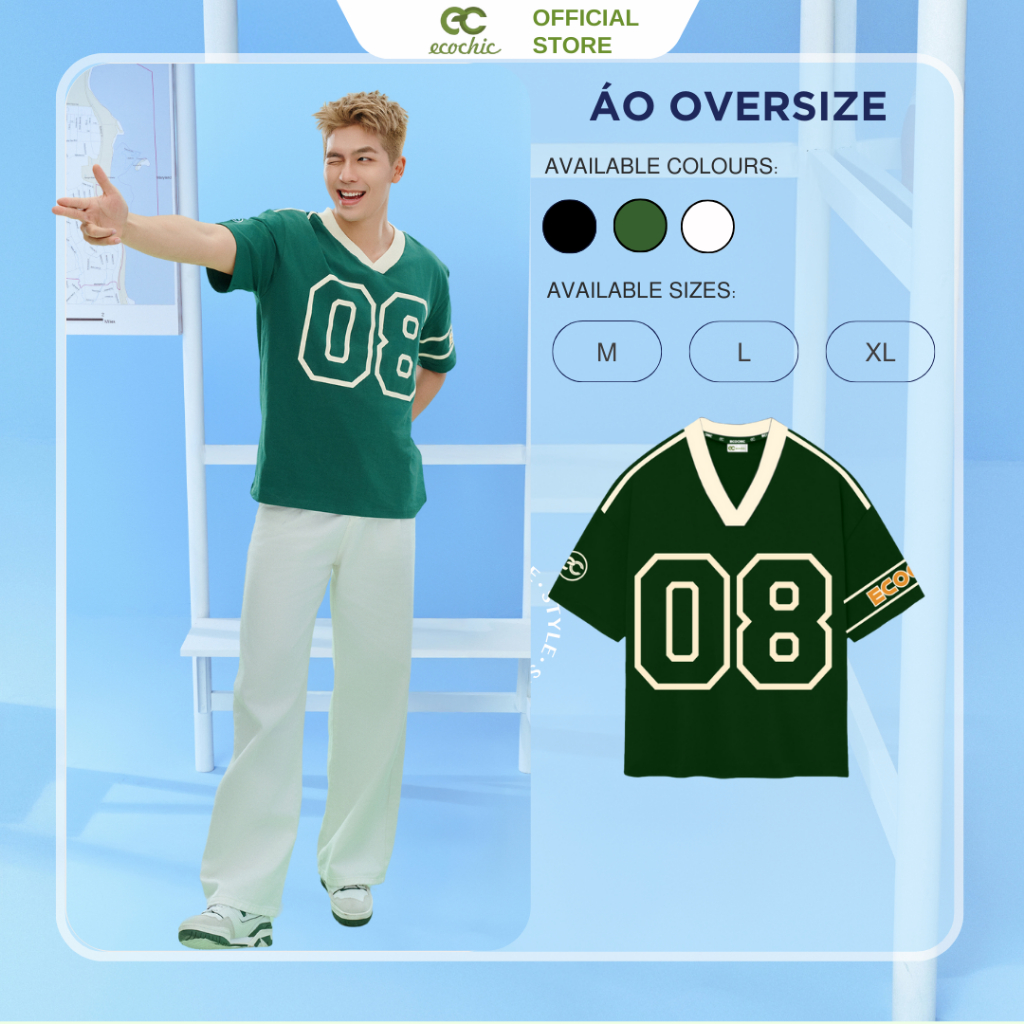 Áo Phông Cổ Tim ECOCHIC NUMBER 08 Chính Hãng Unisex Thể Thao Form Rộng Oversize Cotton 100% Cao Cấp 