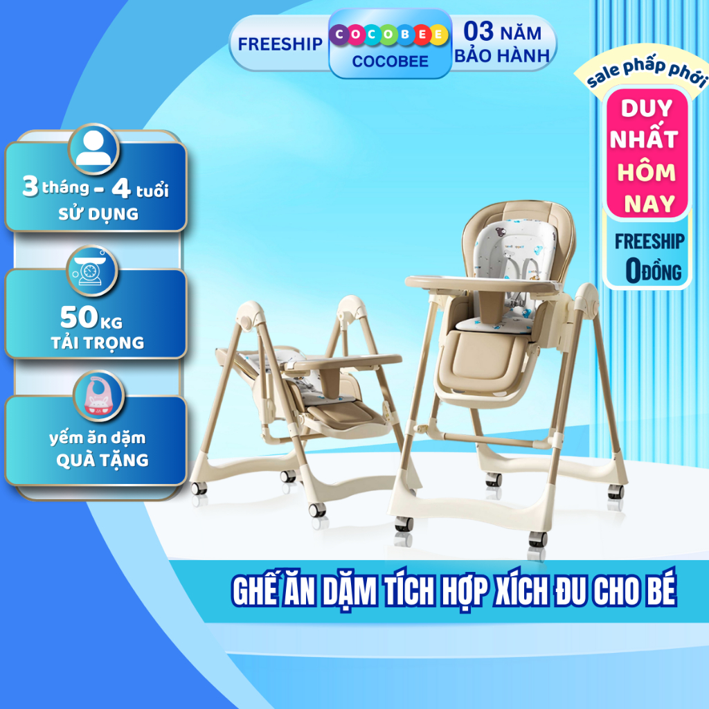 Ghế ăn dặm cho bé COCOBEE có chế độ xích đu, bánh xe linh hoạt, điều chỉnh chiều cao tặng kèm đệm lót cho bé