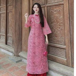 Áo dài cách tân Store 4Teen Shop chất liệu vải hoa thêu cành đào hồng cao cấp dành cho các nàng tuổi thư siêu xinh