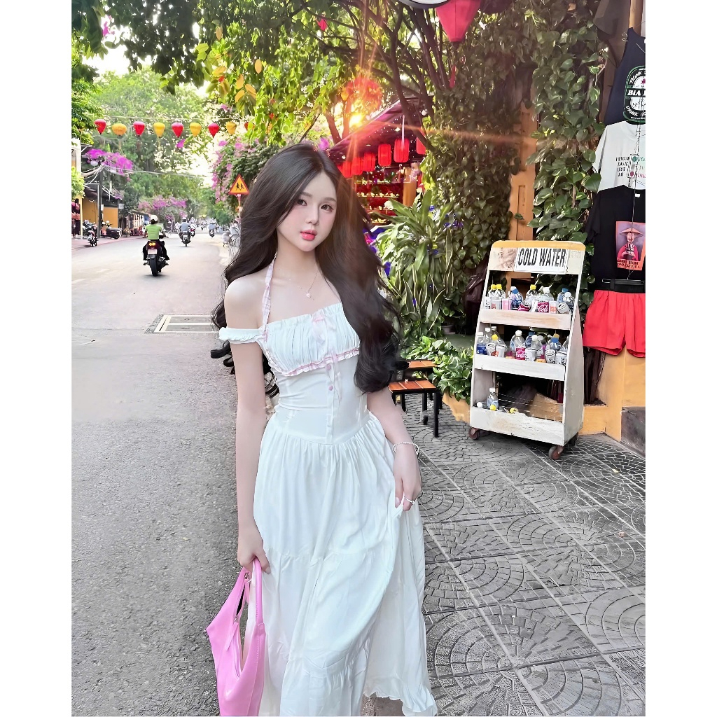 Váy Maxi tiểu thư phối viền cúc bọc, Đầm trễ vai dáng dài chất lụa Hàn mặc đi biển đi chơi HV956 | BigBuy360 - bigbuy360.vn