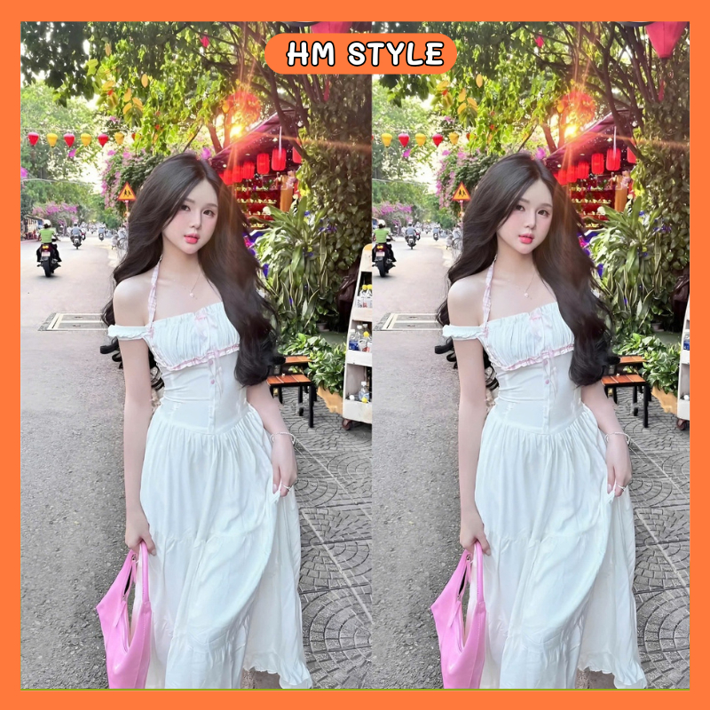 Váy Maxi tiểu thư phối viền cúc bọc, Đầm trễ vai dáng dài chất lụa Hàn mặc đi biển đi chơi HV956 | BigBuy360 - bigbuy360.vn