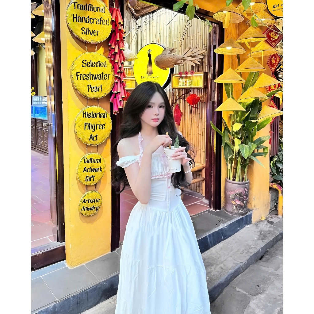 Váy Maxi tiểu thư phối viền cúc bọc, Đầm trễ vai dáng dài chất lụa Hàn mặc đi biển đi chơi HV956 | BigBuy360 - bigbuy360.vn