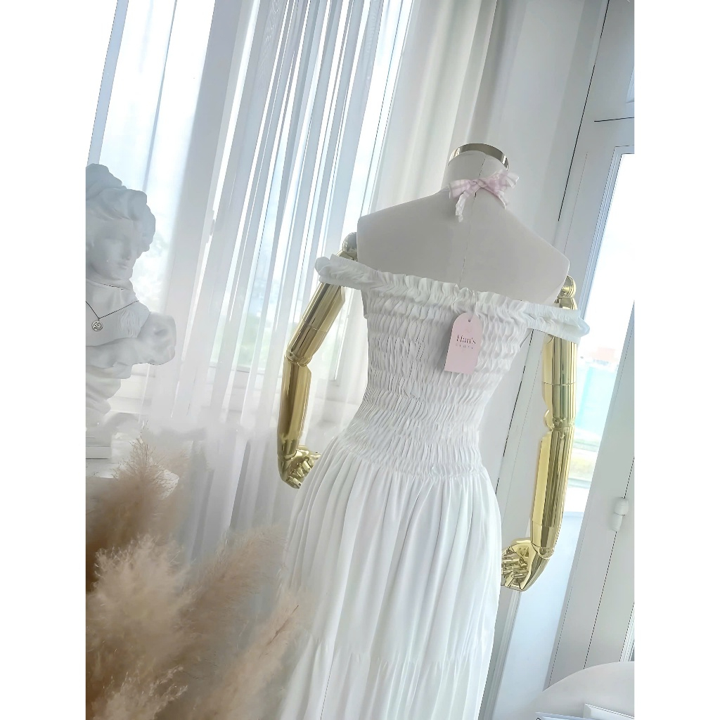 Váy Maxi tiểu thư phối viền cúc bọc, Đầm trễ vai dáng dài chất lụa Hàn mặc đi biển đi chơi HV956 | BigBuy360 - bigbuy360.vn