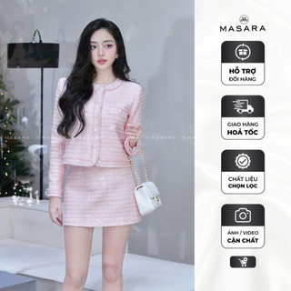   SET VEST MS788  Set tweed dạ hồng kim sa bao gồm ÁO VEST tay dài đính nút hoa bạc kèm CHÂN VÁY ngắn form chữ A tôn dáng 