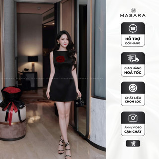 [ĐẦM] Đầm nữ Masara form chữ A chiết eo tôn dáng, chất tafta lụa đen sang trọng kèm hoa nhung đỏ cài rời MD776