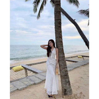ĐẦM MIDI REN TRẮNG HOA CỔ YẾM VIỀN BÈO