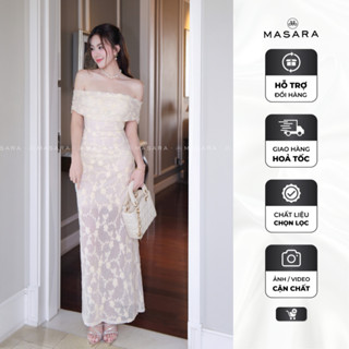 [MD772] ĐẦM trễ vai Masara form ôm, chất ren họa tiết hoa đào màu kem nữ tính ngọt ngào