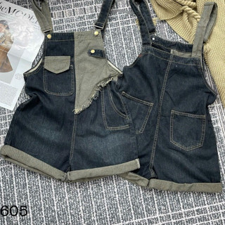 TIENSTYLE _ Quần Yếm Short Jean Hai Dây Phối Thân nắp túi viền rua, Yếm Jean Suông Phối Nâu Ống Rộng