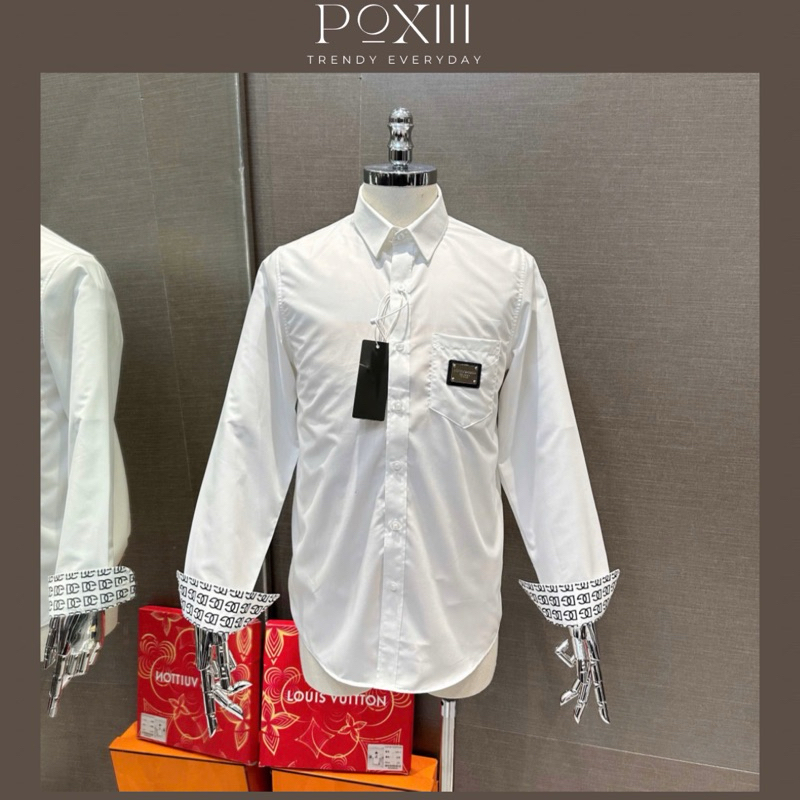 Áo Sơ Mi D Và G Dập Vân To Viền Cổ và Cổ Tay Logo Thêu Ngực Form Chuẩn - Áo Sơ Mi Nam Nữ Mix Chữ Vải