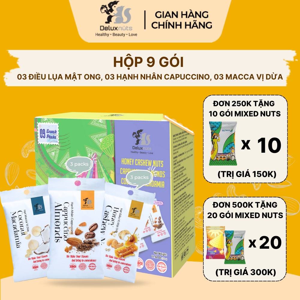 [Hỏa tốc] Hộp 9 Gói Deluxnuts | 03 Hạt Điều Mật Ong, 03 Hạnh Nhân Cappuccino, 03 Macca Vị Dừa (Tổng trọng lượng 330g)