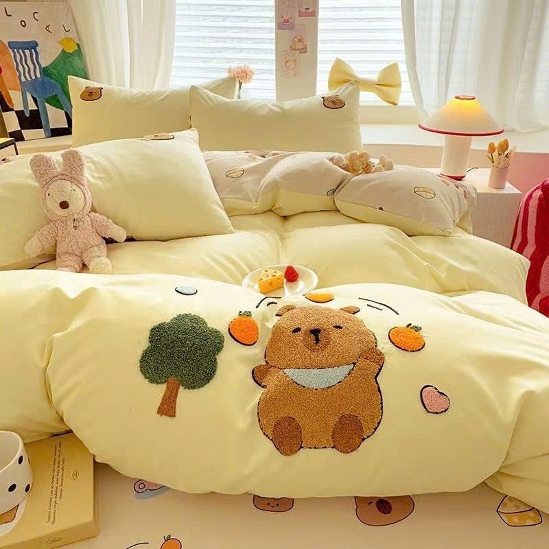 Bộ Vỏ Chăn Ga Gối Cotton Đũi Thêu Hình Labubu,Kuromi Hot Tren Chất Liệu Mát Và Mềm Mại Phù Hợp Thời Tiết 4 Mùa