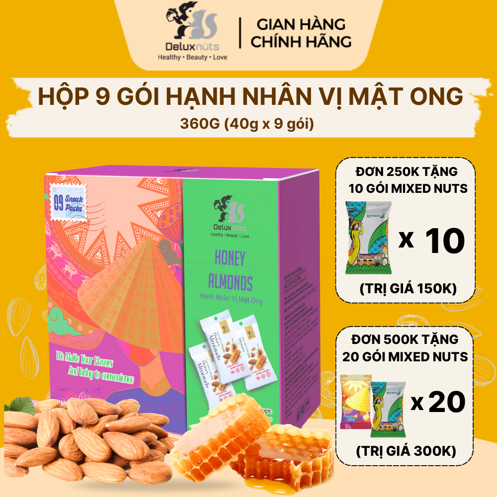 [Hỏa tốc] Hộp 9 Gói Hạnh Nhân Vị Mật Ong 360g Deluxnuts | Hạt Dinh Dưỡng, Snack Ăn Vặt (Tổng Trọng Lượng 360g)