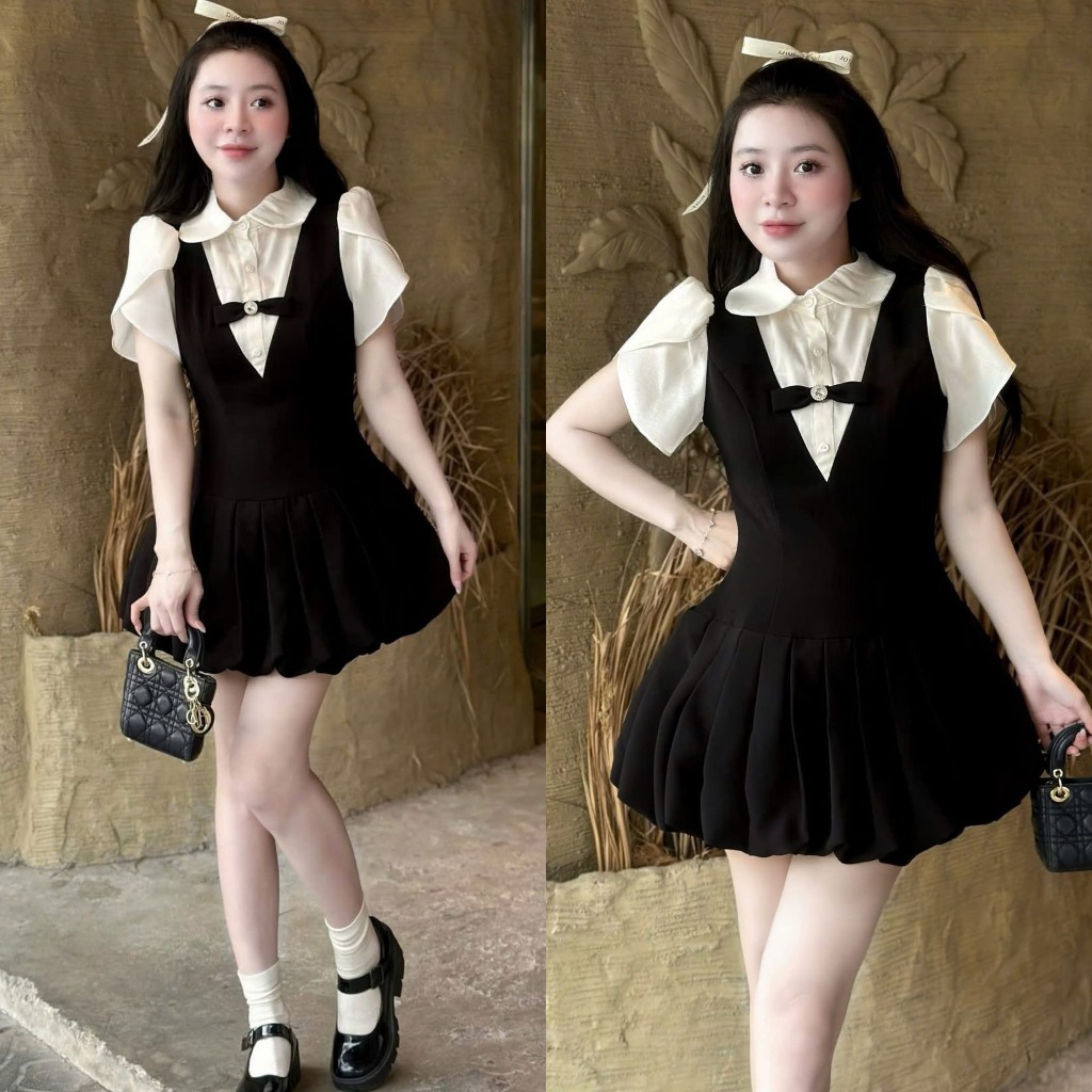 Váy phối tay bồng cổ sen tiểu thư phần dưói xếp ly kèm ảnh thật trải sàn Lu Store