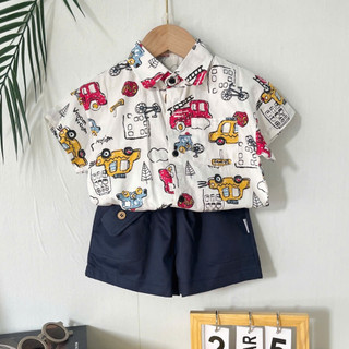 [9-34kg]Set sơ mi họa tiết Ô TÔ cho bé phong cách Hàn Quốc dễ thương, chất cotton mềm mát, thoáng khí cho bé