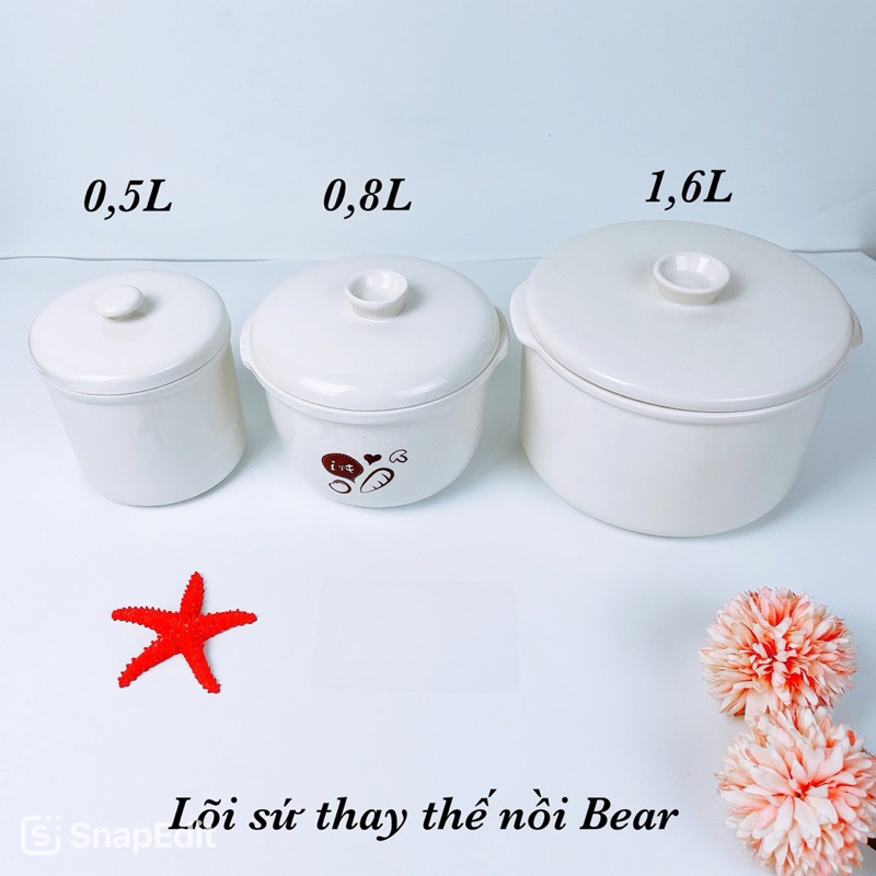 Phụ kiện thố sứ và nắp sứ nồi nấu cháo Bear 0.8L 1.6L và 0.5L, linh kiện thay thế thố sứ nồi nấu chậm Bear