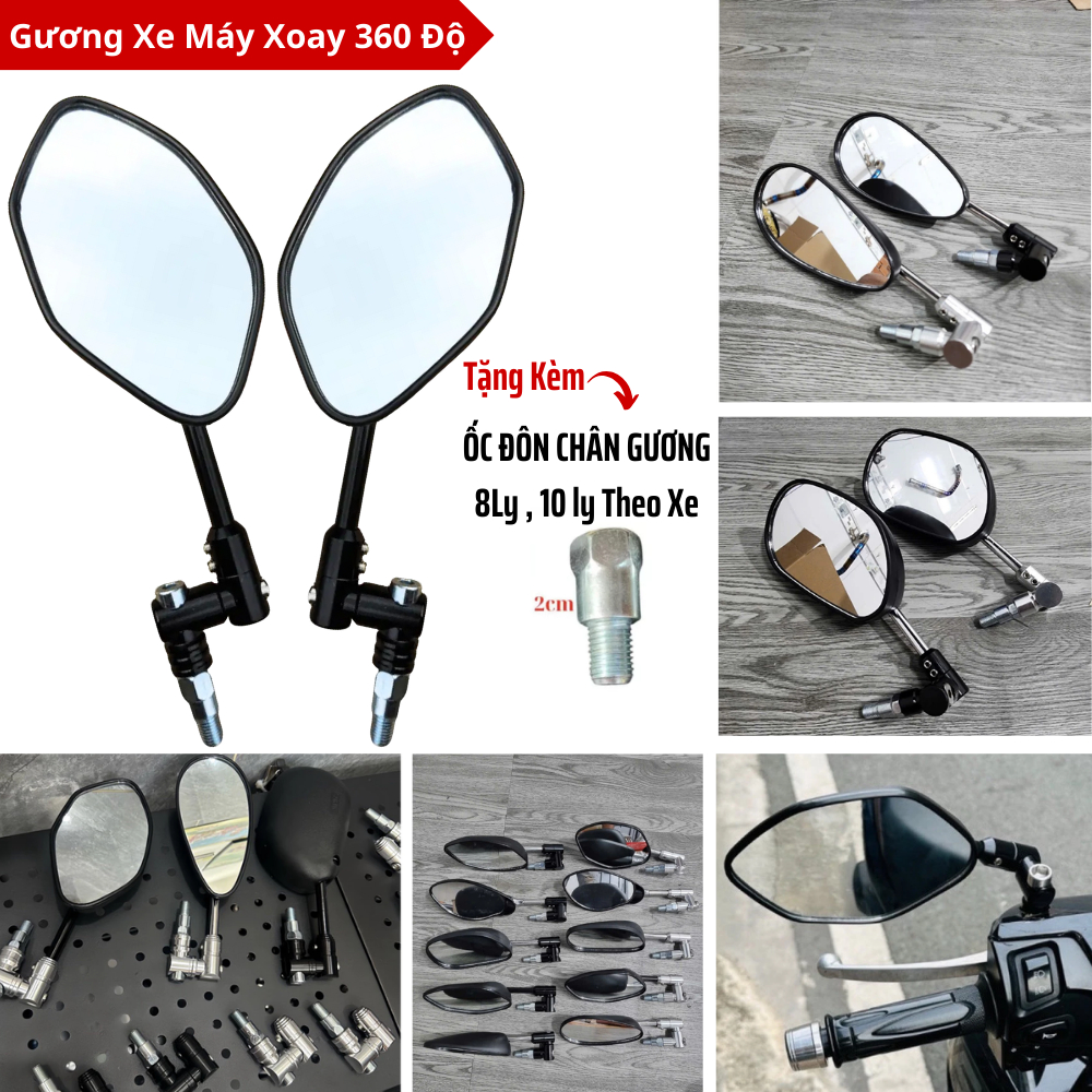 Gương Kính Chiếu Hậu Spack, Kính AB 5 Cạnh Chân Xoay 360 Độ Gấp Gọn, Kèm Ốc Chân Kính 8ly 10ly Dành 