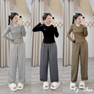 Sét Bộ Mặc Nhà Nữ Áo Thun tăm Nơ phối quần bagy Chấm bi dài chất đũi lụa mềm loại 1