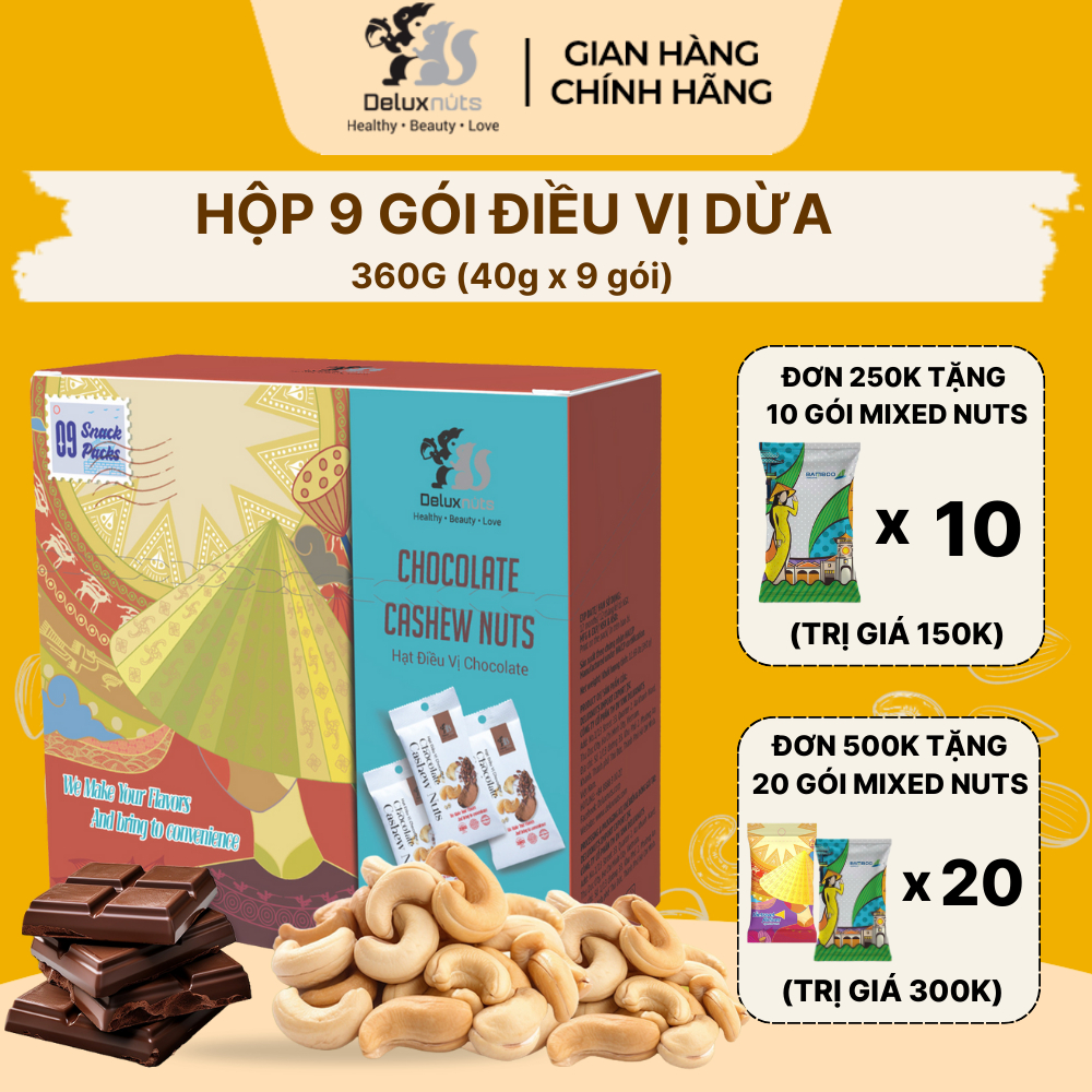 [Hỏa tốc] Hộp 9 Gói Hạt Điều Vị Dừa 360g Deluxnuts | Hạt Dinh Dưỡng Deluxnuts Snack Ăn Vặt (Tổng Trọng Lượng 360g)