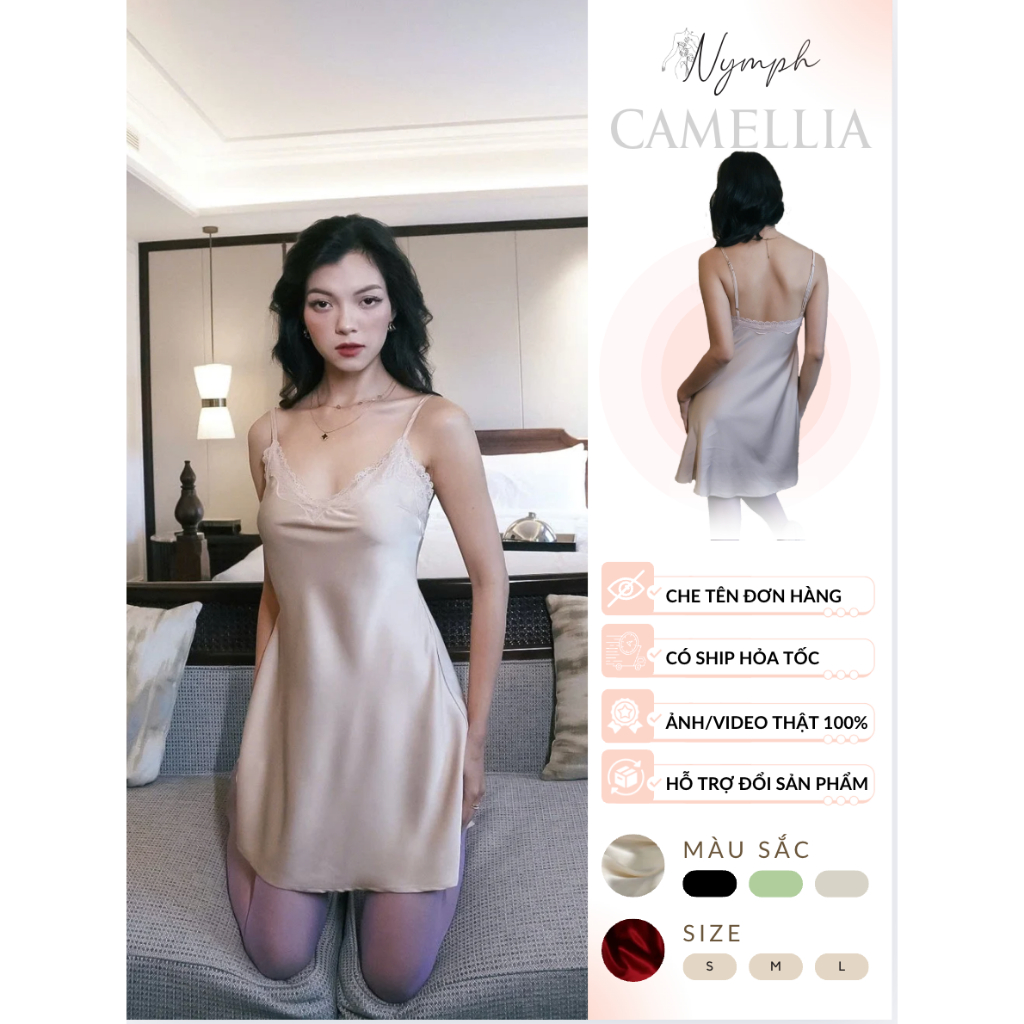 Váy ngủ lụa phối ren cao cấp Camelia - Silk Sleepwear - Nymph Studios
