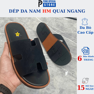 Dép Da Nam HM Quai Ngang Chữ H - Đế Giả Gỗ Chống Trượt, Thời Trang Đi Biển