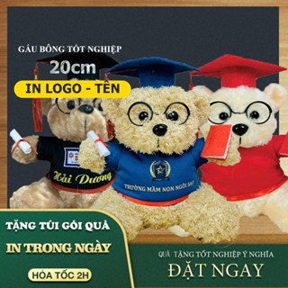 Gấu bông tốt nghiệp 20cm in tên + logo (ngồi 18cm) lông xù giá sỉ, tặng giấy gói quà