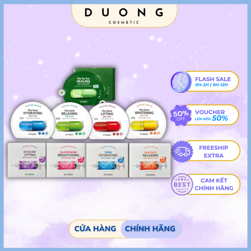  Hộp 10 Miếng Mặt Nạ BNBG ĐỦ LOẠI Vita Genic Tràm Trà Skin Booster Dưỡng Ẩm Phục Hồi Hàn Quốc 30g 
